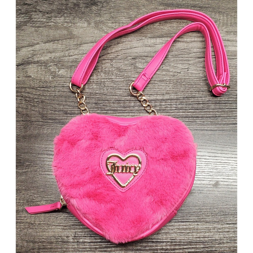 Juicy Couture Free Love Pink Heart Fuzzy Crossbody Purse Bag NEW